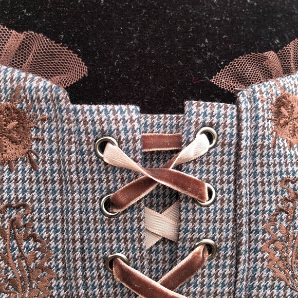 NY&Co Lace-Up Corset Top Embroidered Brown Plaid Bustier Size L - Picture 2 of 10